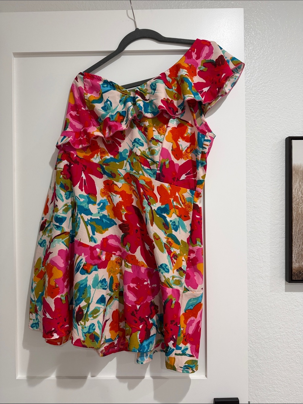 SHEIN One-Shoulder Floral Mini Dress in Fuchsia Multi